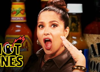 Salma Hayek Adopts Sean Evans While Eating Spicy Wings | Hot Ones
